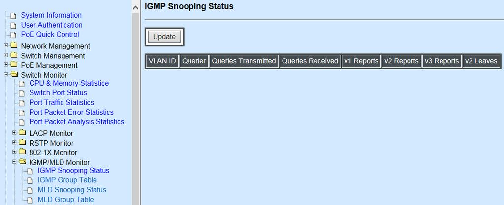 4.7.8 IGMP/MLD Monitor Click the IGMP/MLD Monitor folder and then the following screen page appears. 4.7.8.1 IGMP Snooping Status IGMP Snooping Status allows users to view a list of IGMP queries information in VLAN(s) such as VLAN ID, Querier and Queries Transmitted/Received packets.