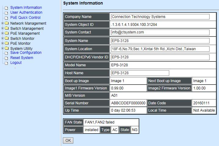 1. System Information: Name the Managed Switch, specify the location and check the current version of information. 2. User Authentication: View the registered user list.