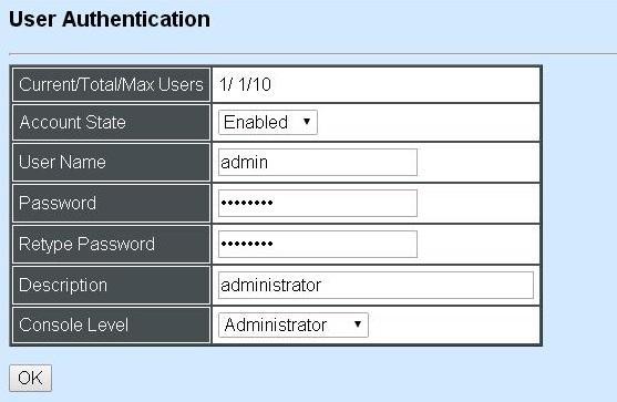 Click Edit to view and edit a registered user setting. Click Delete to remove a current registered user setting. Click RADIUS/TACACS Configuration for authentication setting via RADIUS/TACACS.