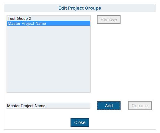 Add Group Type in Project Name and click Add. Project name can be renamed using the same window. If projects have been created and/or submitted under a project group, do not delete the Group.