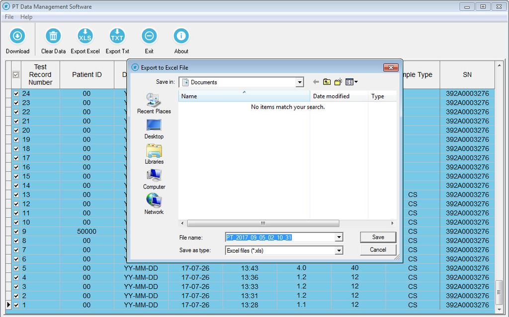 8. Press Export Excel to export the data shown in the screen window to an excel file, and then save it.