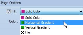 Page 5 of 47 You will see the Options panel on the right. Use the Fill pull-down menu to choose Horizontal Gradient. Click a Colors box.