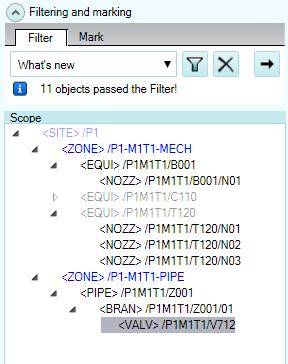 2.2 COMOS PDMS Engineering Interface Result All objects that do not match the filter are hidden along with their parent objects. The other objects are highlighted in color.