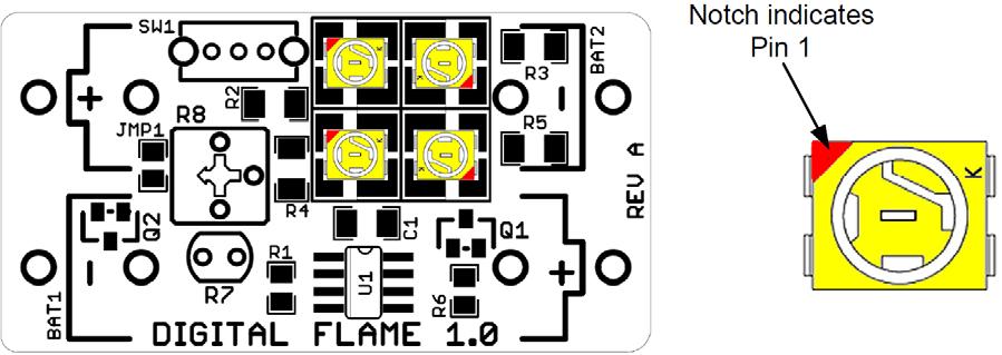 8. Install D1, D2, D3, and D4, LEDs. There is a notch in one corner of the LED. Each LED should be oriented as shown in the figure below for each of the (4) locations.