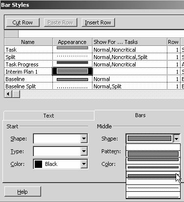 Microsoft Project 2000: Level 2 Ashbury Training 7. At the bottom of the dialog box under Middle, display the Shape drop-down list. Select the fourth bar from the top. 8.