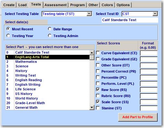 The following Multi Data Profile will be created using test scores from the Testing Table (TST) and the Content Standards (CST) tables.