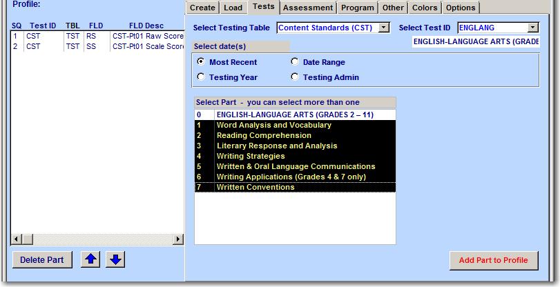 The Profile will display the records selected on the left side of the form. Select the next Testing Table, Test Id, Dates and Parts.