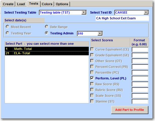 The available parts from the Test ID selected will display. The Performance Level (PL) field is the only field that can be used for Graphs and will default as selected.