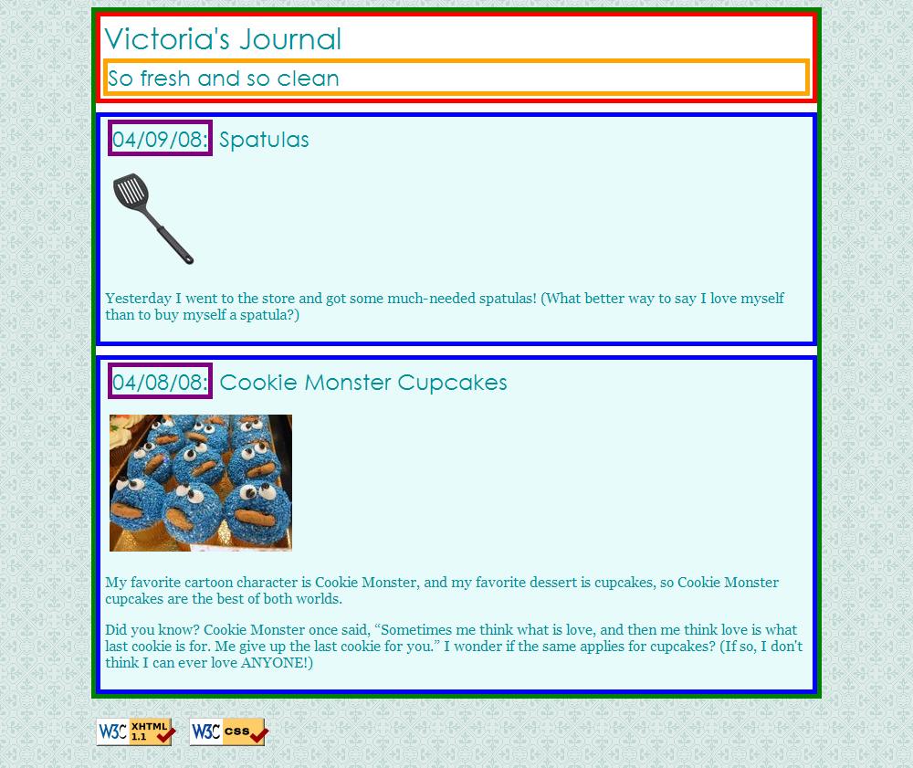 Part 2, example This example is Victoria's page with padding/margins and backgrounds: Part 3: Float, Align, Clear Now we'll practice float, clear, and alignment. You may have to edit journal.