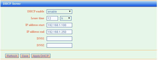 1. DHCP Server: The DHCP function will go into effect if you select Enable as the figure beside. 2. IP Pool Starting Address: The starting IP address which DHCP Server automatically starts. 3.