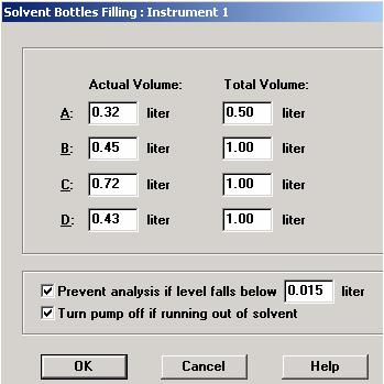 2.1 Fill volume value of mobile phase at current volume in (A, B, C or D) Actual Volume. 2.