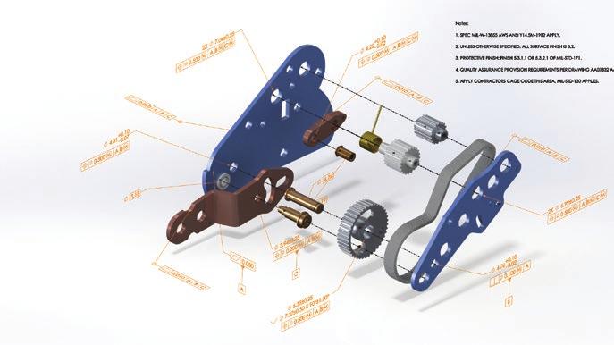 SOLIDWORKS MBD puts data within the SOLIDWORKS 3D environment, such as product models, dimensions, geometric tolerances, surface finishes, welding symbols, BOMs, callouts, tables, notes, meta