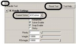 To create an IK handle for the adjustable desk lamp. From the main menu [Amination], select Skeleton > IK Handle Tool >. o The IK Handle Tool Settings window for the Joint Tool appears.