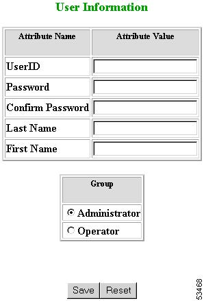Adding User Account Chapter 4 Figure 4-1 User Information Enter a valid value (no spaces) in the UserID field. Table 4-1 shows valid values for these fields.