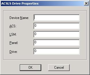 Connecting to Optical and Tape Devices Figure 41 ACSLS Drive Properties dialog box 9. Type the device name and SCSI address that you collected in Gathering ACSLS drive information on page 110. 10.