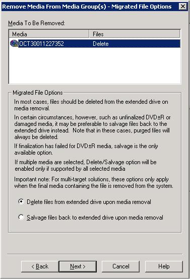 File Migration Figure 96 Remove Media From Media Groups Wizard Migrated File Options page 5. If you are removing multiple pieces of media from the media group, select the media from the list. 6.