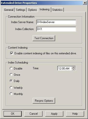 Indexing Files Enabling indexing on the extended drive To enable indexing on the extended drive: 1. In the File System Manager Administrator, right-click the extended drive and select Properties.