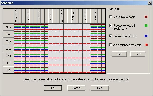 Purging Files Figure 110 Schedule dialog box Within the scheduler, colored lines represent each activity, including the file migration, media task, and copy media update schedules.