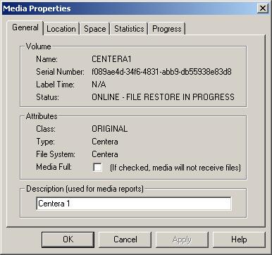 Monitoring the System Media properties The Media Properties dialog box enables you to view detailed information about a piece of media, including the type, file system, location, number of files,
