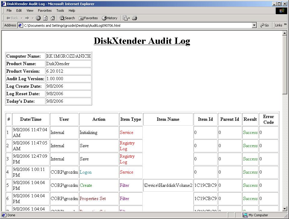 Monitoring the System Figure 136 Sample audit log Note: If you upgrade DiskXtender and then you open the audit log, the audit log displays the version number before the upgrade.