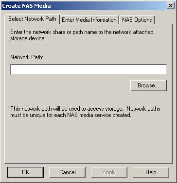 Connecting to Network-Attached Storage Figure 21 Create NAS Media dialog box Select Network Path tab 6. Type or browse to the path to the network share to use as NAS media.