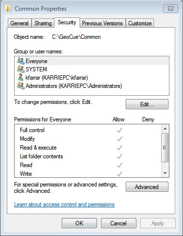 Figure 33 - Sharing Permissions e. Select the Security Tab.