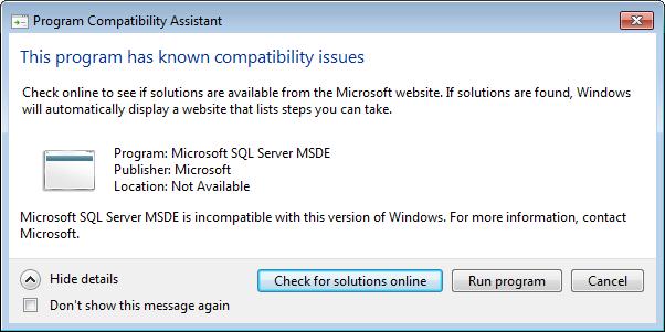 If the following warning message about MSDE compatibility is received continue forward with the installation by