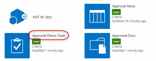F. Click the Approved-Docs Tasks or Approval-Demo Tasks link on the Site Contents page.