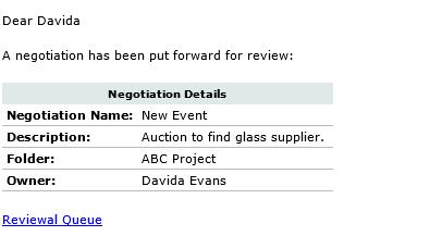 If sending for review from the Events tab, the status of the negotiation will