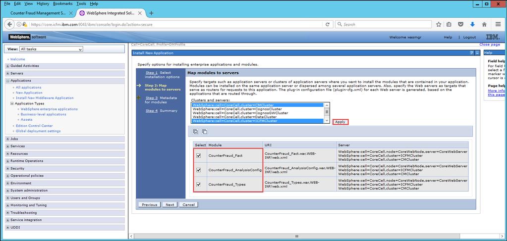 Figure 27: Map modules for CounterFraud_FactConfig 6.3. Select the check boxes for all modules and in the Clusters and servers panel, select the deployment target values.