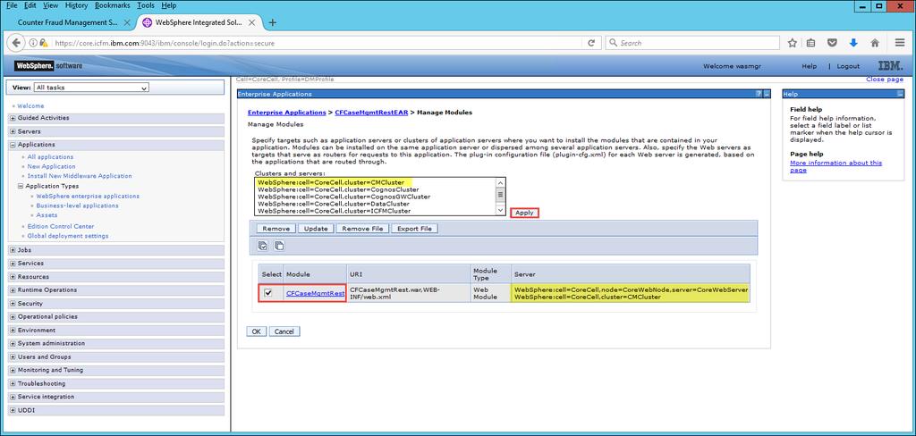 Figure 32:Manage Modules page for CFRestEAR.ear 8.2.1. Select the CFCaseMgmtRest module check box. 8.2.2. In the Clusters and servers panel, select the deployment target values.