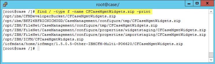 Figure 33: CFCaseMgmtWidgets.zip search results 3. Replace CFCaseMgmtWidgets.zip in /opt/ibm/cfmdeveloperbucket. 3.1. Create a date stamped backup by renaming file CFCaseMgmtOperation.