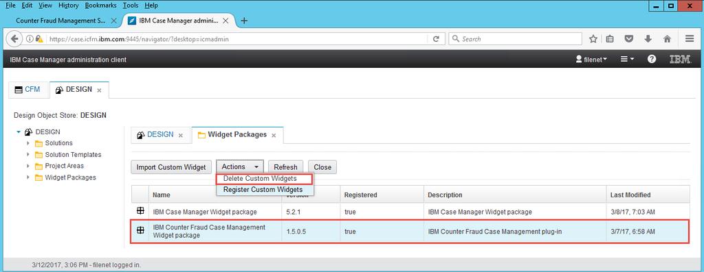 Figure 35: IBM Case Manager Widget Packages page If there is an entry in the table for the IBM Counter Fraud Widget Package, then follow the steps below to remove the IBM Counter Fraud Widget Package.