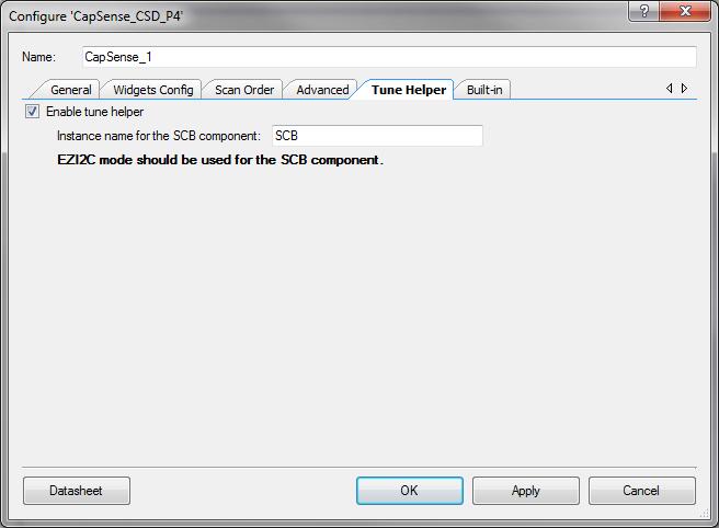 5. On the Tune Helper tab: Select the Enable Tune Helper check box and click OK. Place and Configure an EZI2C Slave Component 1.