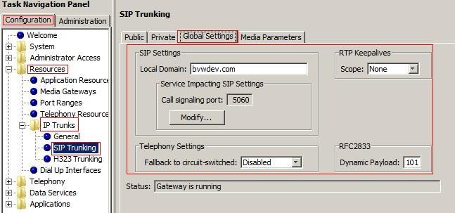 5.4.2. Administer Global Settings Select tab Configuration > Resources > IP Trunks > SIP Trunking, then select tab Global Settings; Figure 15 shows the detail configuration attributes.