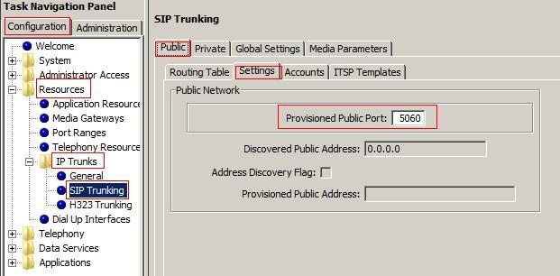 5.4.3. Administer Public Port Select tab Configuration > Resources > IP Trunks > SIP Trunking, then select tab Public.