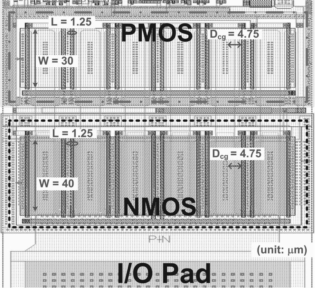 3152 IEEE TRANSACTIONS ON ELECTRON DEVICES, VOL. 56, NO. 12, DECEMBER 2009 Fig. 5. Layout top view of the self-protecting fully silicided I/O buffer in a CMOS IC product.