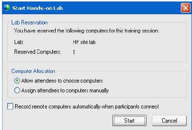 To start a Hands-on Lab session: 1. In the Session window, on the Lab menu, click Start Hands-on Lab. The Start Hands-on Lab dialog box appears showing which lab and how many computers are reserved.