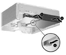 8. Push the drive release latch 1 toward the rear of the chassis and hold. 9. Slide the drive 2 toward the front of the drive cage, then lift the drive out of the computer.