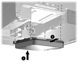 6. Insert the rear screws of the hard drive 1 into the rear J-slots. Slide the drive 2 toward the back of the drive cage until the front screws are aligned with the front J-slots.