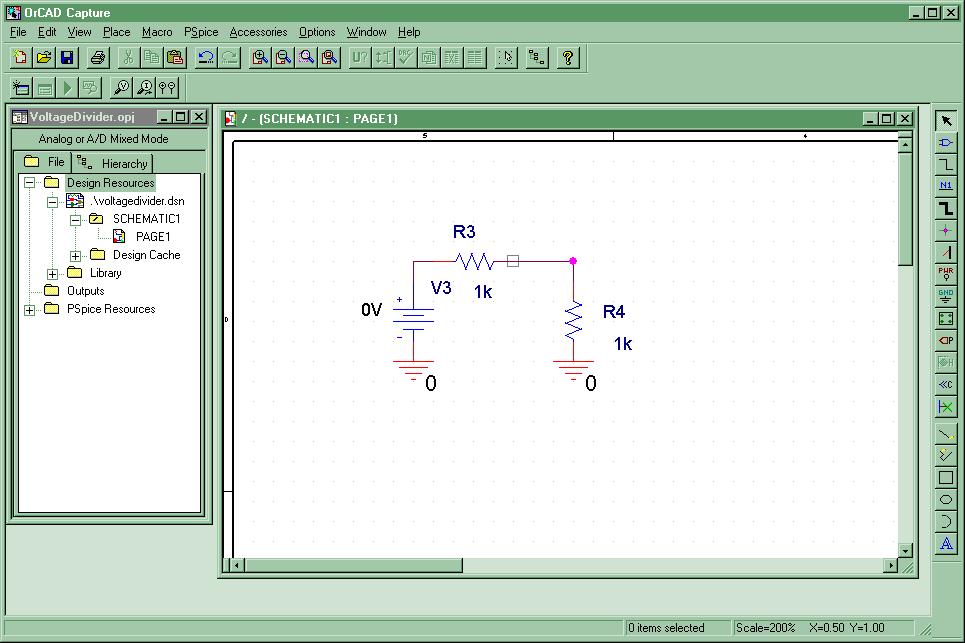 Figure 8 Now we need to edit the values of the VDC and the two resistors. Double-click on the 0V value text of the the VDC source.