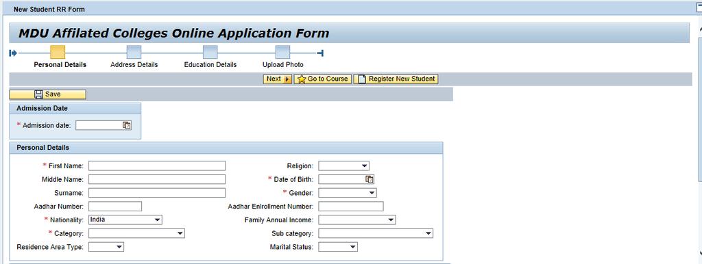 Personal Details: In this screen, user has to fill in student s personal details which forms part of student master data.