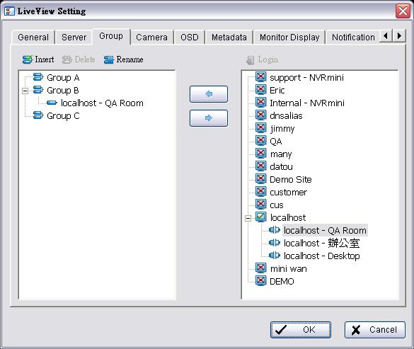 9.1.3 Group Setting Allocate different cameras into each appointed group. * Note: Cameras under NUUO NVR Lite license cannot be included in a group with other servers.