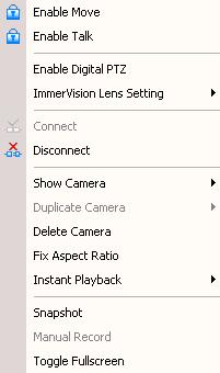 1.3 On Screen Menu Right click on the camera screen and get the On Screen Menu, from which you can quickly adjust the setting of camera. 1.3.1 Camera Setting Click to go to the camera setting page for configuration.