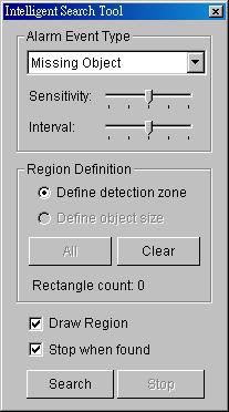2.3.3 Unusual Event-Missing Object Missing Object: Detection of selected objects removed from the defined area on the screen. Define detection zone: Left click and drag to draw a detection zone.