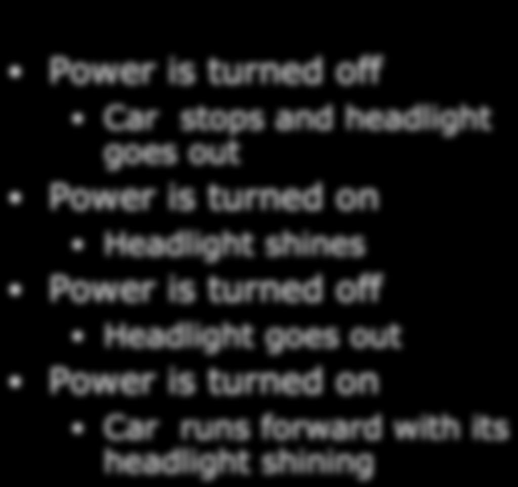 Power is turned on Headlight shines Power is turned off Headlight goes out Power is turned on Car runs backward with its