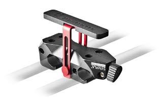 A single, repositionable locking lever conveniently blocks the Universal Mount solidly against both rails with one movement.