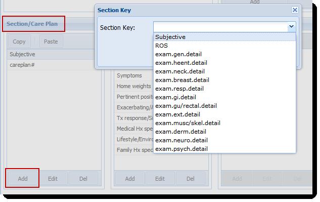 Customize a Template Add Sections to the Section/Care Plan Menu Note that only the Subjective, ROS, Objective and Plan portions of a SOAP note have access to templates.