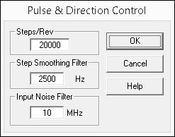 In the Pulse & Direction Control window, enter the microstepping resolution in the Steps/Rev control. By default, this value is set to 20,000 steps/revolution.