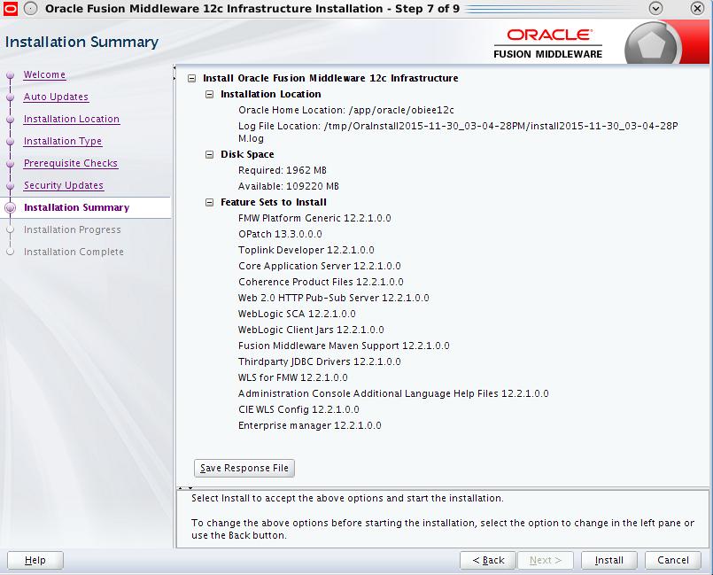 Install Fusion Middleware 12c Infrastructure Figure 2 9 Installation Summary - Click Install 11.